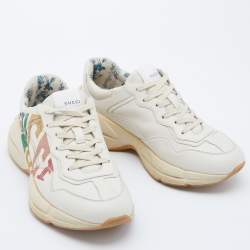 Pre Owned Gucci Cream Leather Glitter Logo Rhyton Sneakers Size 40