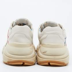 Pre Owned Gucci Cream Leather Glitter Logo Rhyton Sneakers Size 40