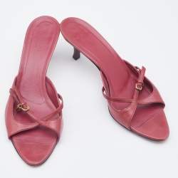 Pre Owned Gucci Cherry Red Leather Cross Slide Sandals Size 39