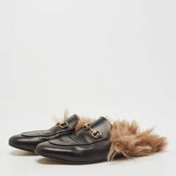 مملوكة مسبقًا Gucci Black Leather and Fur Princetown Flat Mules Size 39.5