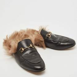 مملوكة مسبقًا Gucci Black Leather and Fur Princetown Flat Mules Size 39.5