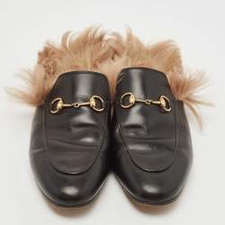 مملوكة مسبقًا Gucci Black Leather and Fur Princetown Flat Mules Size 39.5