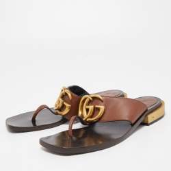 Gucci Brown Leather GG Marmont Thong Sandals Size 36