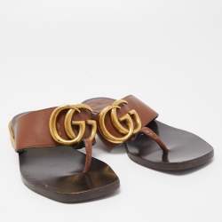 Gucci Brown Leather GG Marmont Thong Sandals Size 36