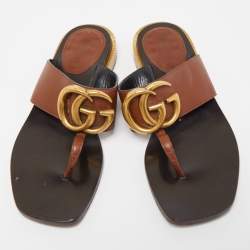 Gucci Brown Leather GG Marmont Thong Sandals Size 36