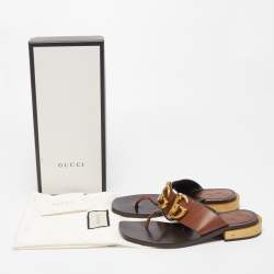 Gucci Brown Leather GG Marmont Thong Sandals Size 36