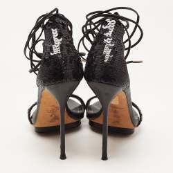 Pre Owned Gucci Black Sequins Ankle Tie Platform Sandals Size 36