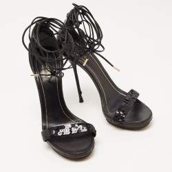 Pre Owned Gucci Black Sequins Ankle Tie Platform Sandals Size 36