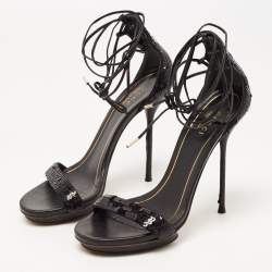 Pre Owned Gucci Black Sequins Ankle Tie Platform Sandals Size 36