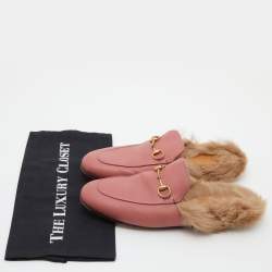 Pre Owned Gucci Pink Leather and Fur Princetown Flat Mules Size 39