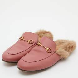 Pre Owned Gucci Pink Leather and Fur Princetown Flat Mules Size 39