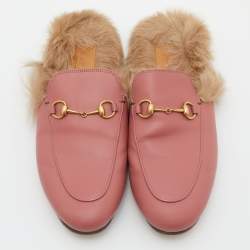 Pre Owned Gucci Pink Leather and Fur Princetown Flat Mules Size 39