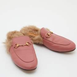 Pre Owned Gucci Pink Leather and Fur Princetown Flat Mules Size 39
