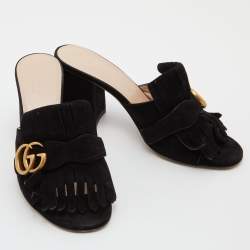 Gucci Black Suede GG Marmont Fringe Sandals Size 37.5