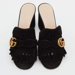 Gucci Black Suede GG Marmont Fringe Sandals Size 37.5