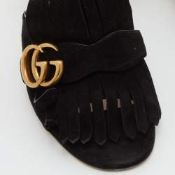 Gucci Black Suede GG Marmont Fringe Sandals Size 37.5