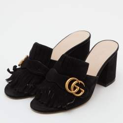 Gucci Black Suede GG Marmont Fringe Sandals Size 37.5