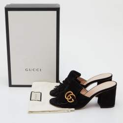Gucci Black Suede GG Marmont Fringe Sandals Size 37.5