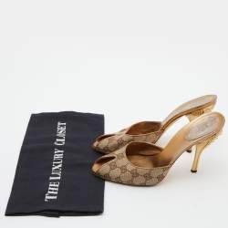 Gucci Brown/Beige GG Canvas Studded Heel Peep Toe Mules Size 37.5