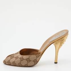 Gucci Brown/Beige GG Canvas Studded Heel Peep Toe Mules Size 37.5