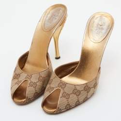 Gucci Brown/Beige GG Canvas Studded Heel Peep Toe Mules Size 37.5