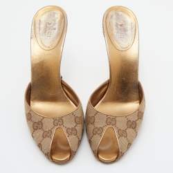 Gucci Brown/Beige GG Canvas Studded Heel Peep Toe Mules Size 37.5