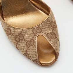 Gucci Brown/Beige GG Canvas Studded Heel Peep Toe Mules Size 37.5