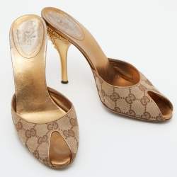 Gucci Brown/Beige GG Canvas Studded Heel Peep Toe Mules Size 37.5