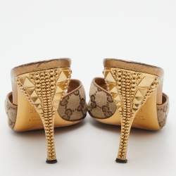 Gucci Brown/Beige GG Canvas Studded Heel Peep Toe Mules Size 37.5