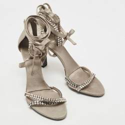 Gucci Grey Satin Crystal Embellished Ankle Wrap Sandals Size 37.5