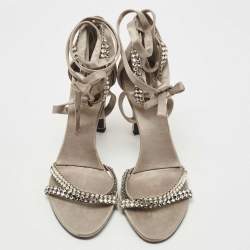 Gucci Grey Satin Crystal Embellished Ankle Wrap Sandals Size 37.5