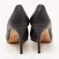 Pre Owned Gucci Black GG Leather Hollywood Horsebit Peep Toe Pumps Size 38.5