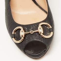 Pre Owned Gucci Black GG Leather Hollywood Horsebit Peep Toe Pumps Size 38.5