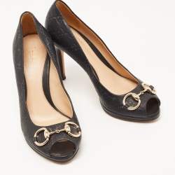 Pre Owned Gucci Black GG Leather Hollywood Horsebit Peep Toe Pumps Size 38.5