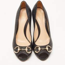 Pre Owned Gucci Black GG Leather Hollywood Horsebit Peep Toe Pumps Size 38.5