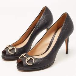 Pre Owned Gucci Black GG Leather Hollywood Horsebit Peep Toe Pumps Size 38.5