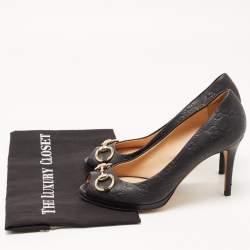 Pre Owned Gucci Black GG Leather Hollywood Horsebit Peep Toe Pumps Size 38.5