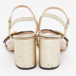 Gucci Gold Crinkled Leather GG Marmont Ankle Strap Sandals Size 38