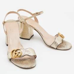Gucci Gold Crinkled Leather GG Marmont Ankle Strap Sandals Size 38