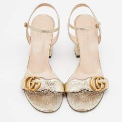 Gucci Gold Crinkled Leather GG Marmont Ankle Strap Sandals Size 38
