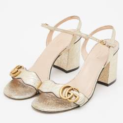 Gucci Gold Crinkled Leather GG Marmont Ankle Strap Sandals Size 38