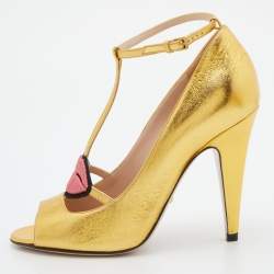 Pre Owned Gucci Gold Leather Molina Lips T Strap Sandals Size 36