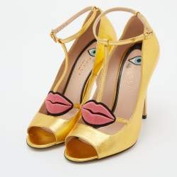 Pre Owned Gucci Gold Leather Molina Lips T Strap Sandals Size 36