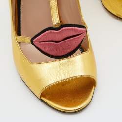 Pre Owned Gucci Gold Leather Molina Lips T Strap Sandals Size 36