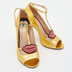 Pre Owned Gucci Gold Leather Molina Lips T Strap Sandals Size 36