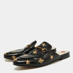 Pre Owned Gucci Black Leather Bee and Star Embroidered Princetown Flat Mules Size 38