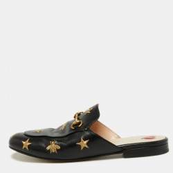 Pre Owned Gucci Black Leather Bee and Star Embroidered Princetown Flat Mules Size 38