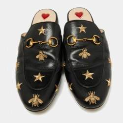 Pre Owned Gucci Black Leather Bee and Star Embroidered Princetown Flat Mules Size 38