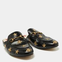 Pre Owned Gucci Black Leather Bee and Star Embroidered Princetown Flat Mules Size 38