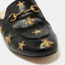 Pre Owned Gucci Black Leather Bee and Star Embroidered Princetown Flat Mules Size 38